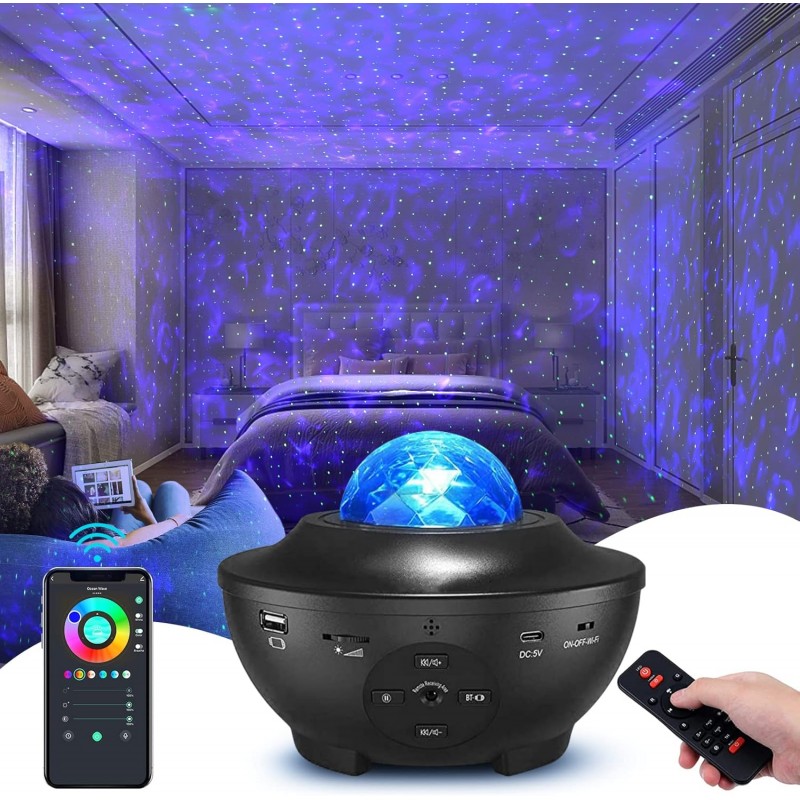 Star Projector Night Light, Galaxy Light Projector avec Star, Lampe de musique romantique LED Starry Sky, avec télécommande,