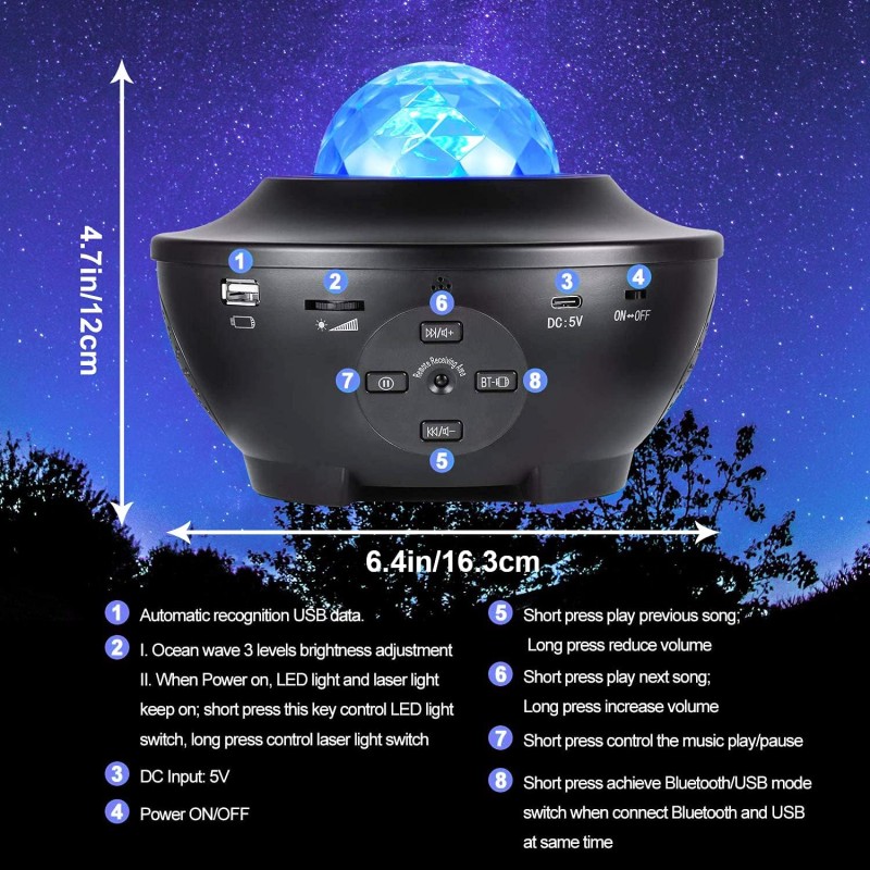 Star Projector Night Light, Galaxy Light Projector avec Star, Lampe de musique romantique LED Starry Sky, avec télécommande,