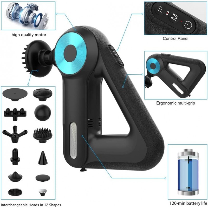 lesparty Muscle Massage Gun,Masseur de Tissus Musculaires Profonde pour le Dos Cou Muscle Soulager avec 12 Têtes, Une Clé pour