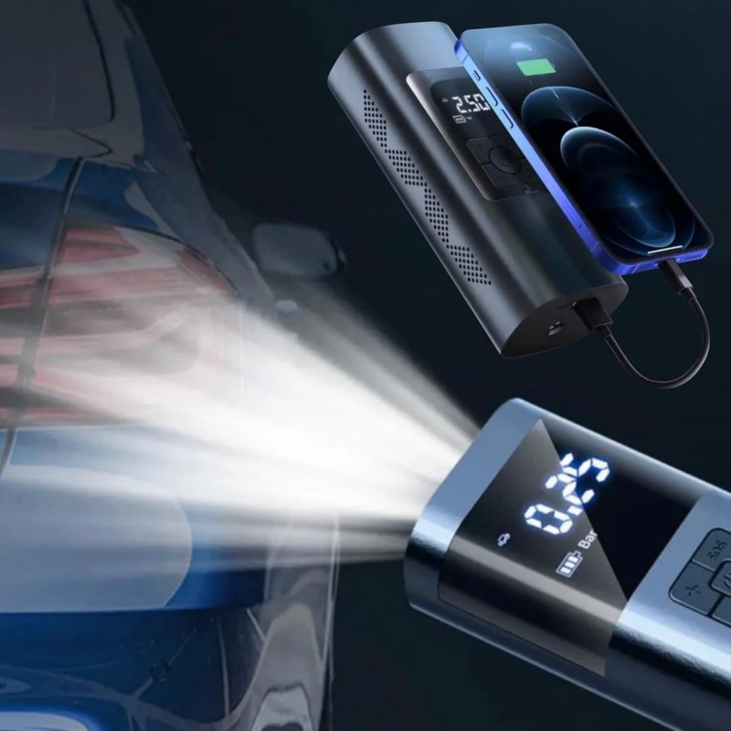Genac Compresseur D'air Électrique Ecran LCD Batterie 6000mAh Chargeur Secteur USB Ou Allume Cigare